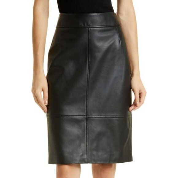 HUGO BOSS Leather Pencil Skirt 6 SELRITA Black Slim Fit Knee Length Classy Edgy - Picture 1 of 14